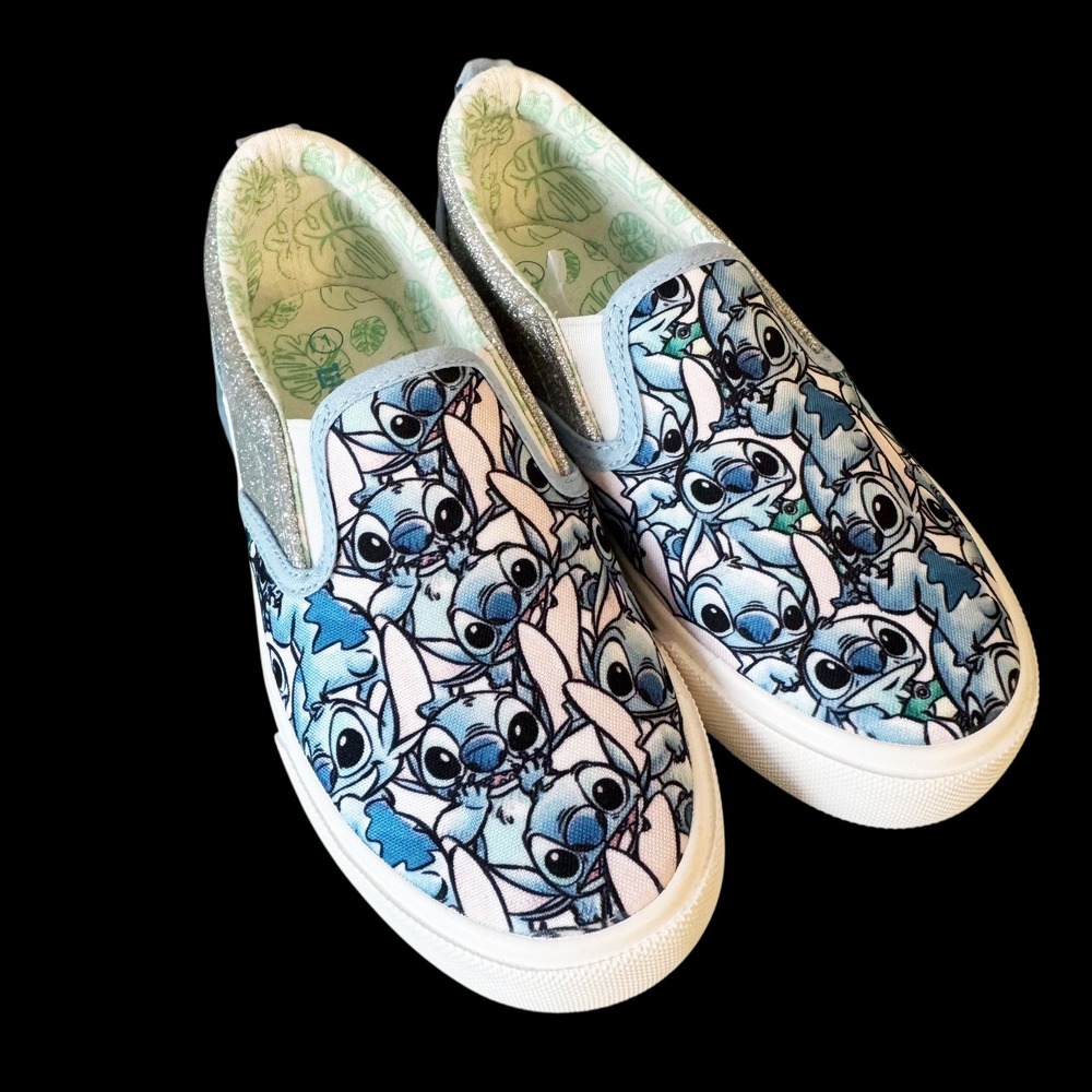 Disney Lilo & Stitch Kids Slip On Sneakers Ground Up Blue Glitter Shoes 1 NWOT
